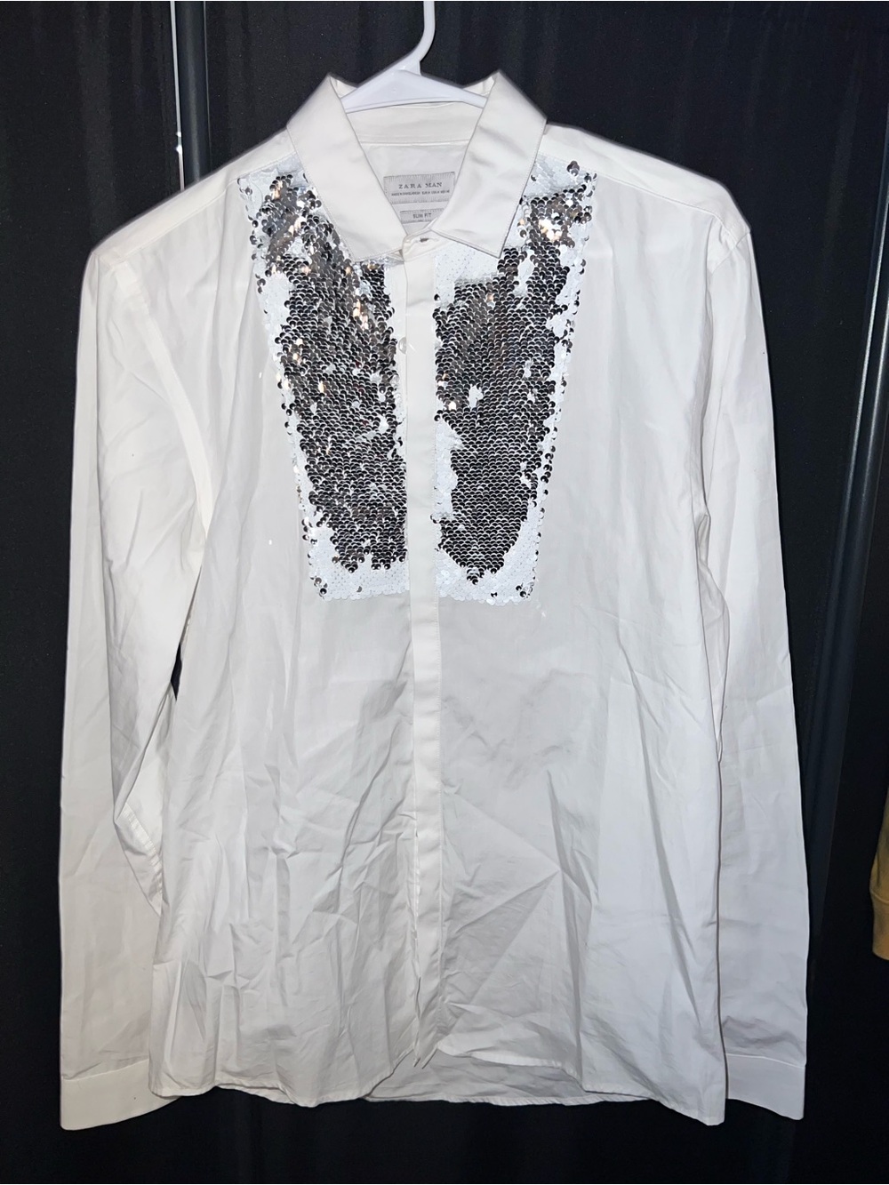 Zara White Tuxedo Style Dress Shirt with Silver Sequins